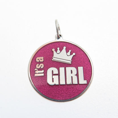 925 Sterling Silver Pink Enamel "It's A Girl" Round Tag Minimalist Charm Pendant