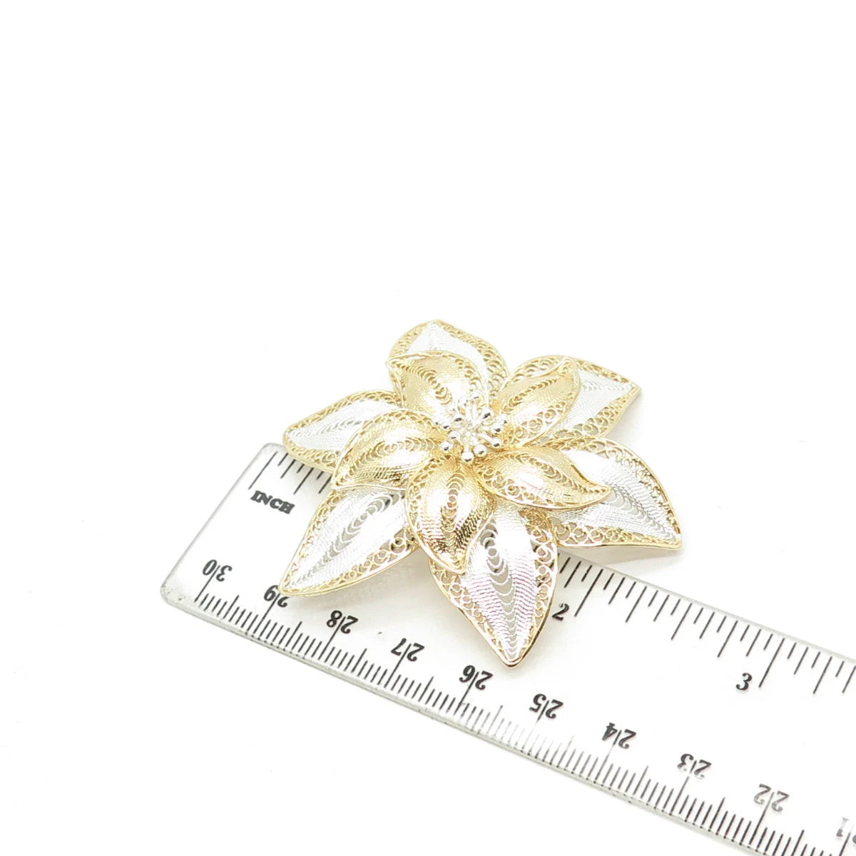 925 Sterling Silver 2-Tone Vintage Filigree Floral Pin Brooch