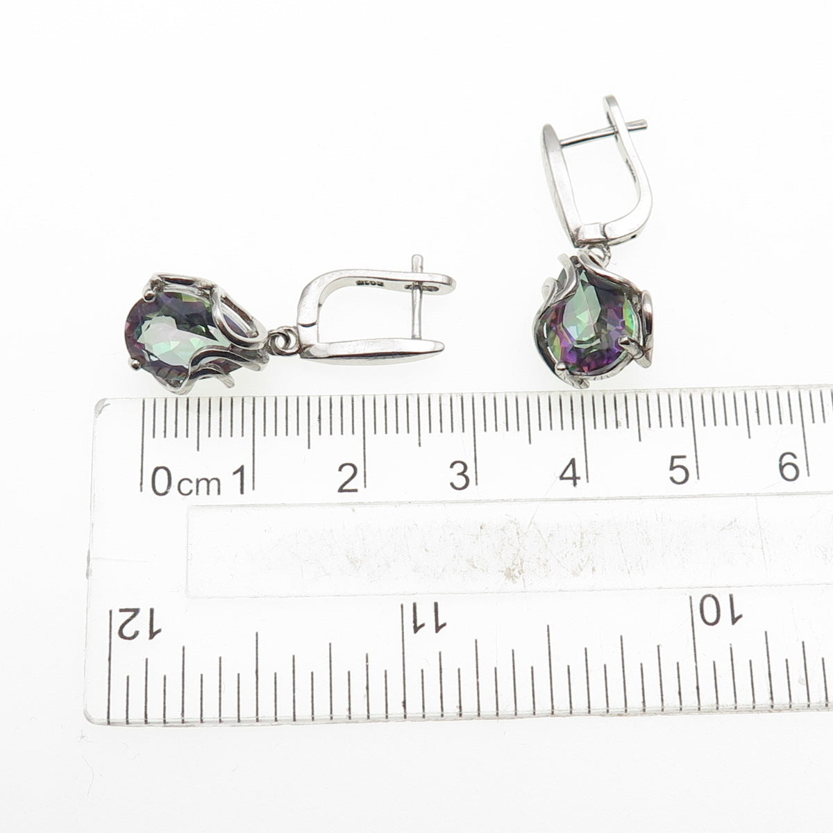 925 Sterling Silver Vintage Real Pear-Cut Mystic Quartz Teardrop Dangle Earrings