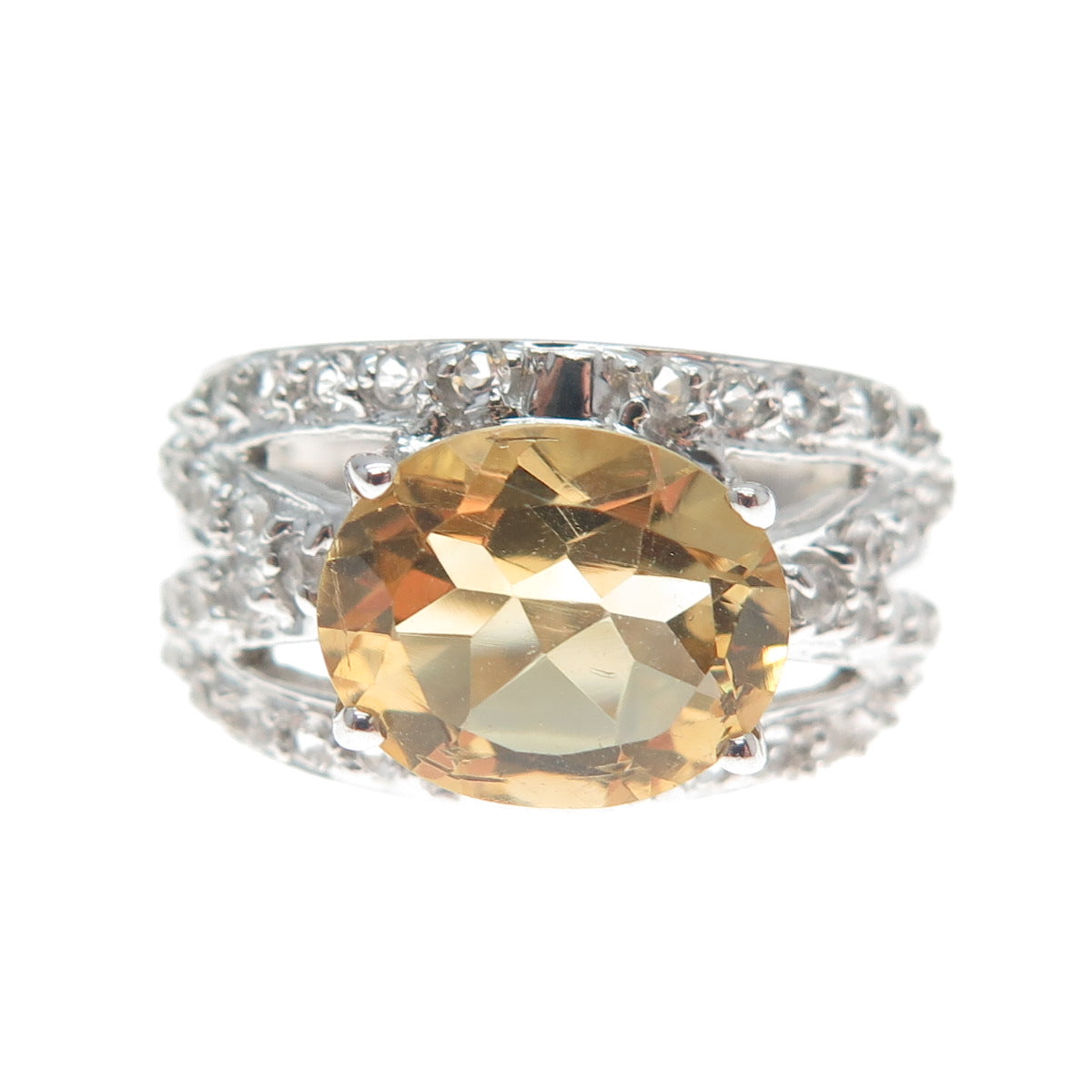 925 Sterling Silver Real White Topaz & Citrine Gemstone Cluster Ring Size 7