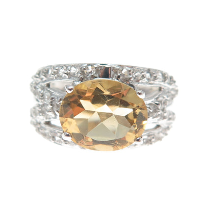 925 Sterling Silver Real White Topaz & Citrine Gemstone Cluster Ring Size 7
