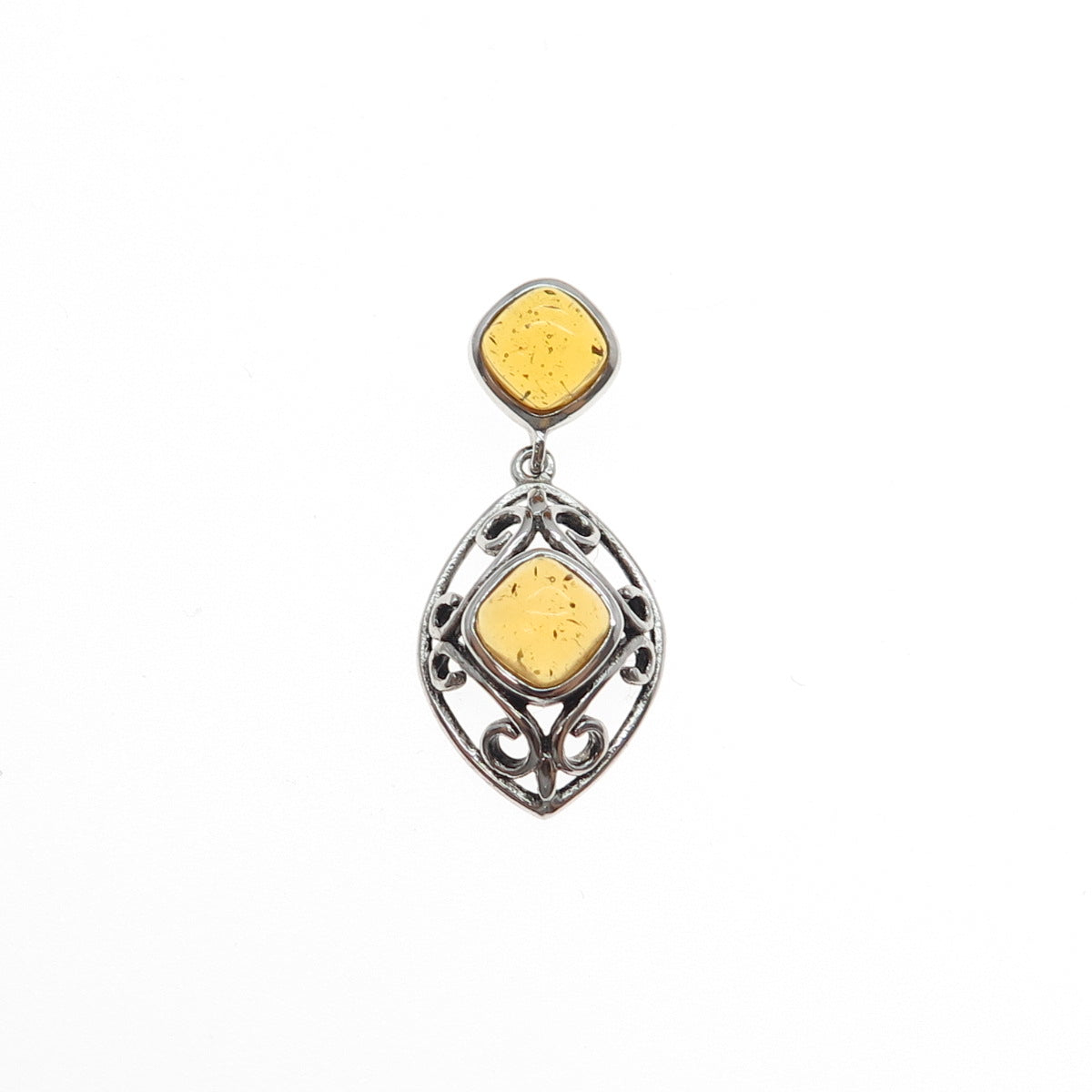 925 Sterling Silver Old Stock Vintage Real Amber Ornate Slide Charm Pendant