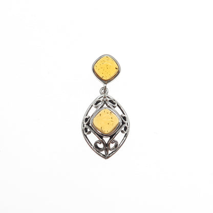 925 Sterling Silver Old Stock Vintage Real Amber Ornate Slide Charm Pendant