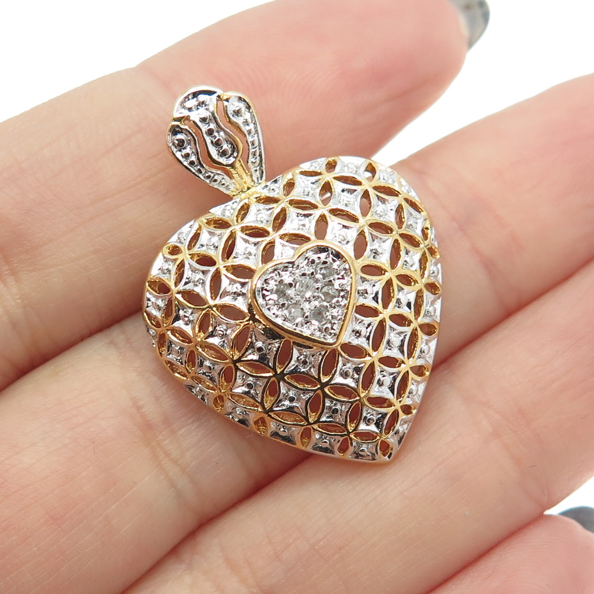 925 Sterling Silver 2-Tone Real White Diamond Heart Ornate Pendant