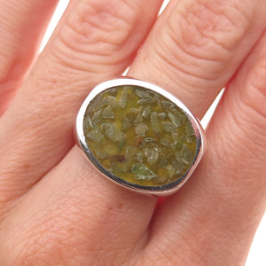 925 Sterling Silver Vintage Real Jade Inlay Modernist Adjustable Ring Size 8.5