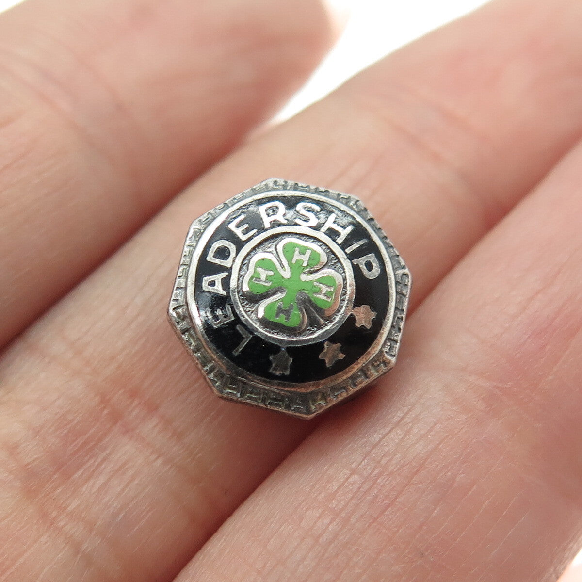 925 Sterling Silver Antique Enamel 4-H Club Leadership Achievement Pin Brooch