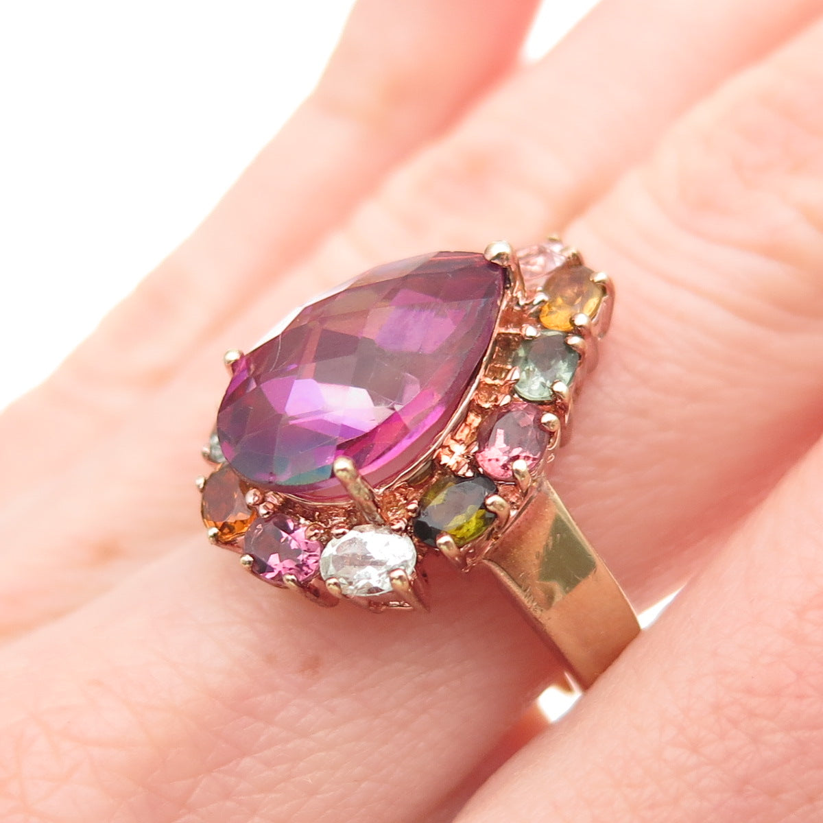 925 Sterling Silver Rose Gold Plated Real Multi-Color Tourmaline Ring Size 7