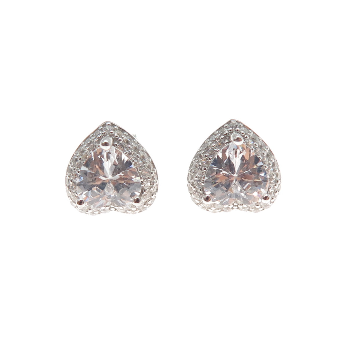 925 Sterling Silver Heart & Round-Cut C Z Stud Earrings