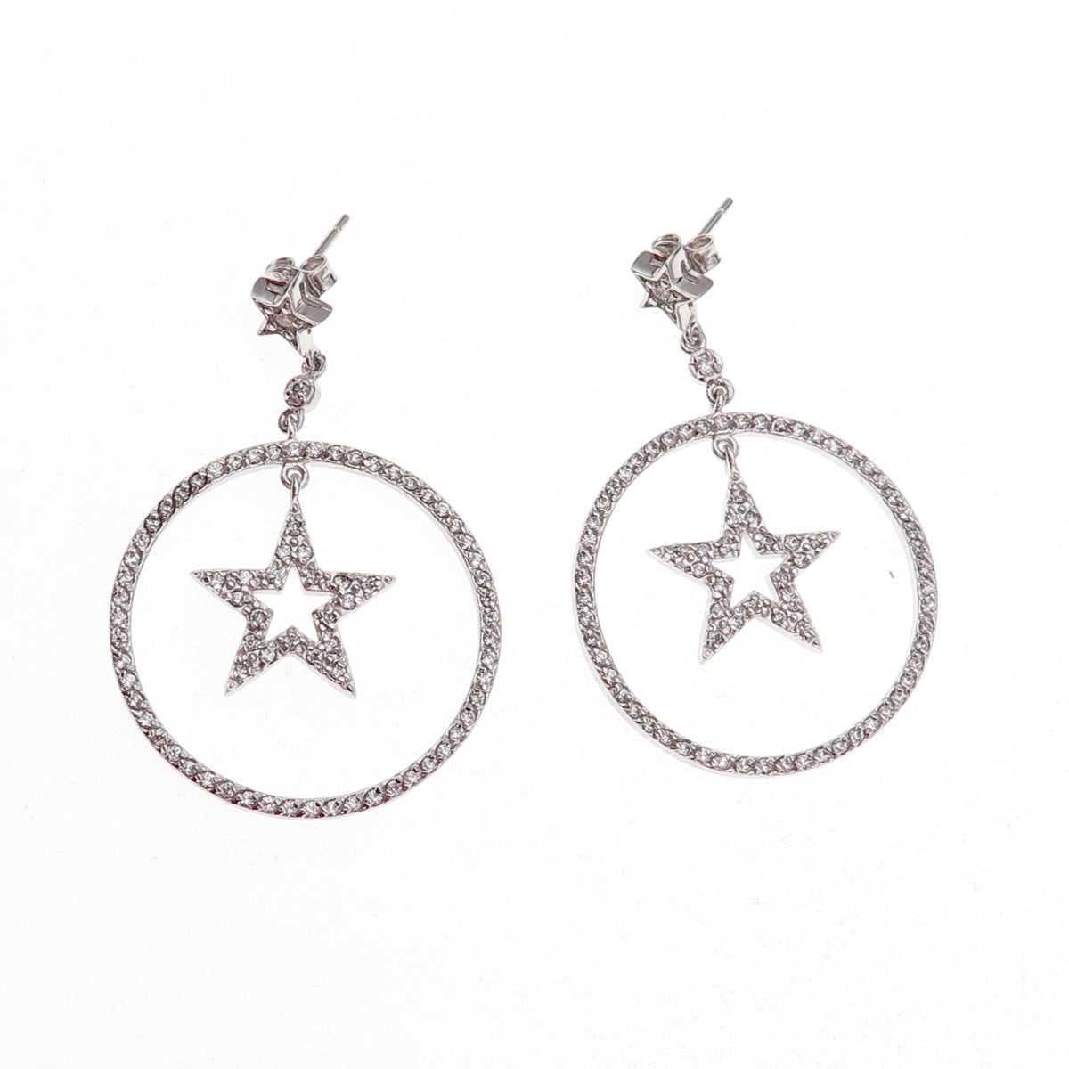 925 Sterling Silver Round-Cut C Z Star Dangle Earrings