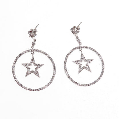 925 Sterling Silver Round-Cut C Z Star Dangle Earrings