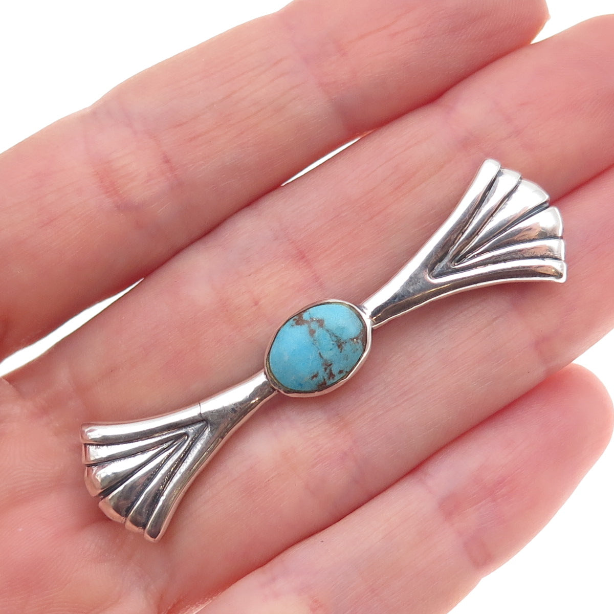 Old Pawn 925 Sterling Silver Vintage Southwestern Turquoise Bow Pin Brooch