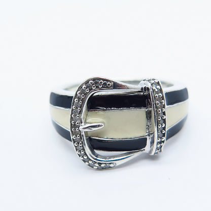 925 Sterling Silver Jane Seymour White Diamond Enamel Belt Buckle Ring Size 6.75