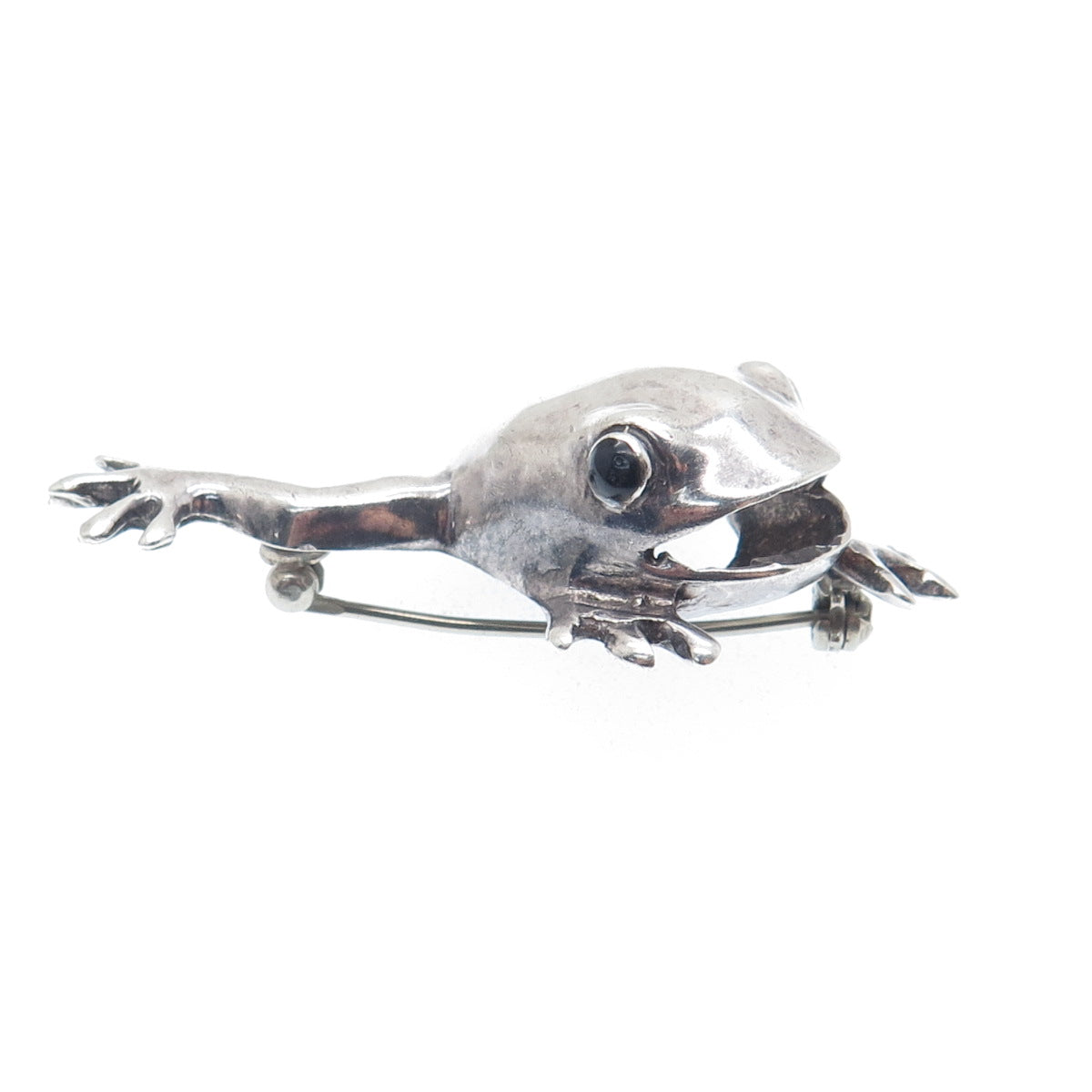 925 Sterling Silver Vintage Black Enamel Frog for Good Luck Oxidized Pin Brooch