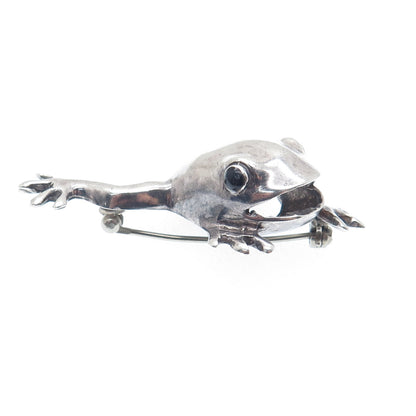 925 Sterling Silver Vintage Black Enamel Frog for Good Luck Oxidized Pin Brooch