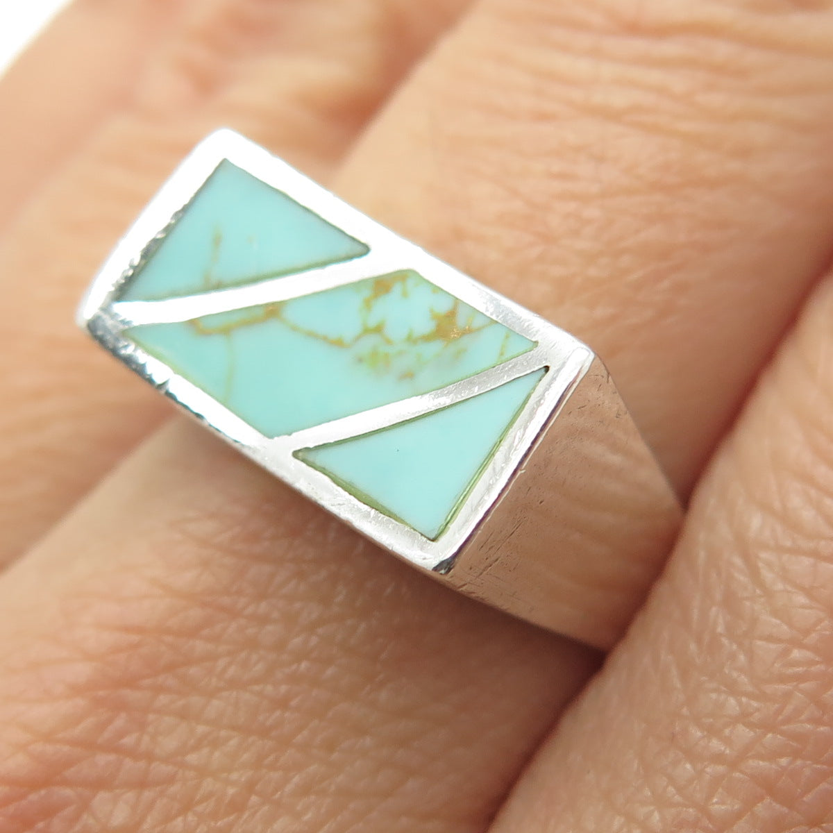 CHAPAL ZENRAY 925 Sterling Silver Vintage Real Turquoise Modernist Ring Size 9