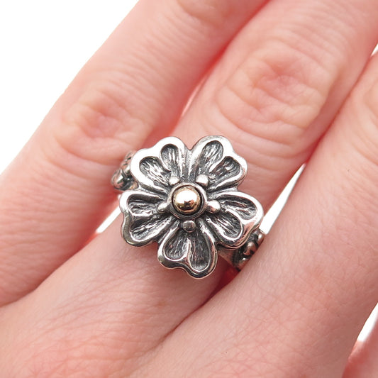 925 Sterling Silver 14K Gold Vintage Israel Flower Oxidized Ring Size 6