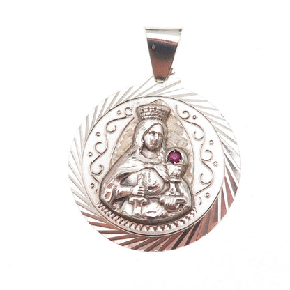 925 Sterling Silver Vintage Real Ruby Saint Barbara Religious Charm Pendant