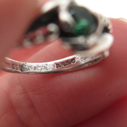 925 Sterling Vintage Real Chrome Diopside Dolphin Couple Oxidized Ring Size 4.75