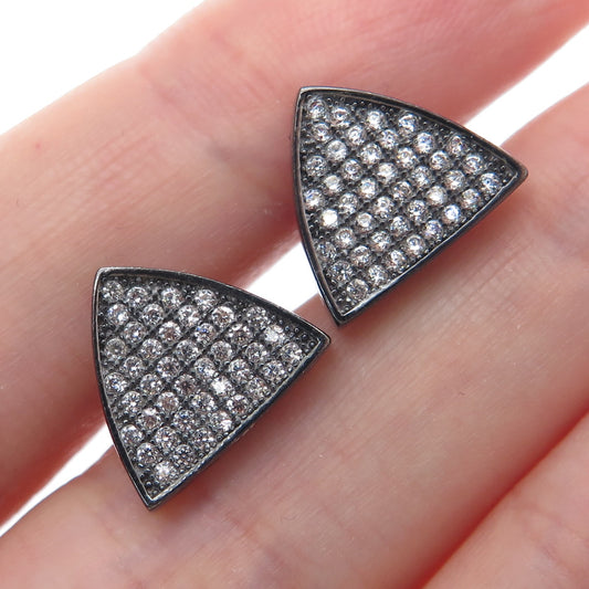 925 Sterling Silver Black Rhodium Round-Cut C Z Triangle Stud Earrings