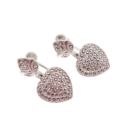 Theda 925 Sterling Silver Antique Art Deco Real Marcasite Heart Dangle Earrings