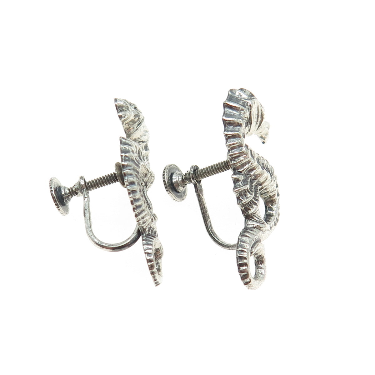 BEAU 925 Sterling Silver Antique Art Deco Seahorse Oxidized Screw Back Earrings