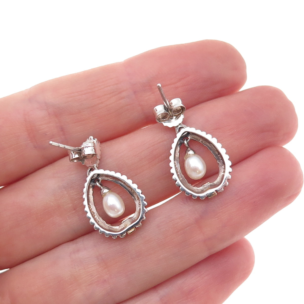 925 Sterling Silver 14K Gold Vintage Real Pearl Dotted Teardrop Dangle Earrings