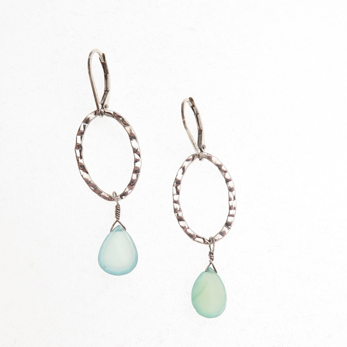 925 Sterling Silver Real Aquamarine Hammered Oval Dangle Earrings