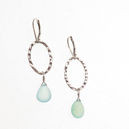 925 Sterling Silver Real Aquamarine Hammered Oval Dangle Earrings