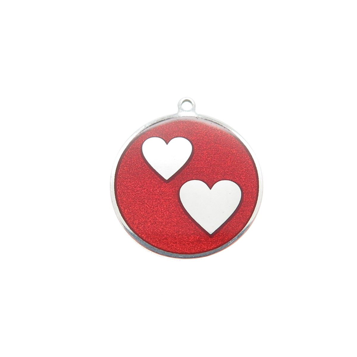 925 Sterling Silver Red Enamel Couple Heart Round Tag Minimalist Charm Pendant