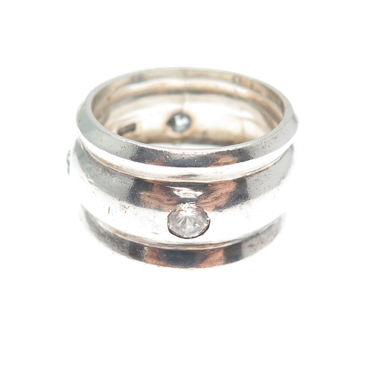 925 Sterling Silver Vintage Round-Cut Shaped C Z Ribbed Band Ring Size 6.25