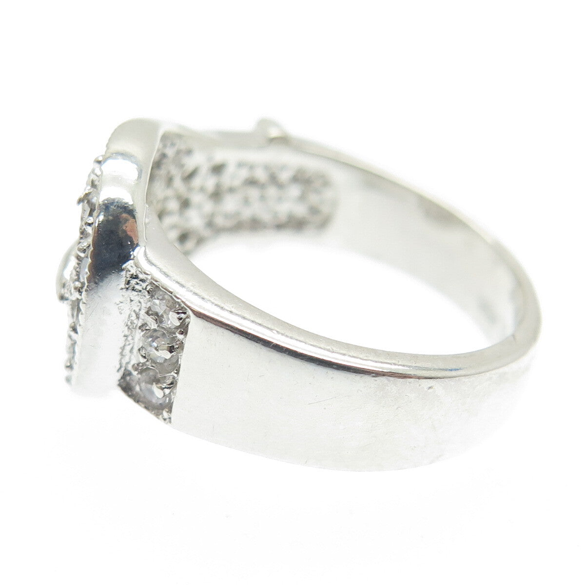 925 Sterling Silver Round-Cut Shaped C Z Belt Buckle Ring Size 5.5