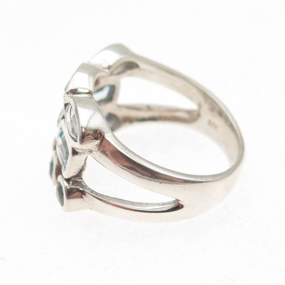 925 Sterling Silver Vintage Real Multi-Cut Blue Topaz Cluster Ring Size 8.25