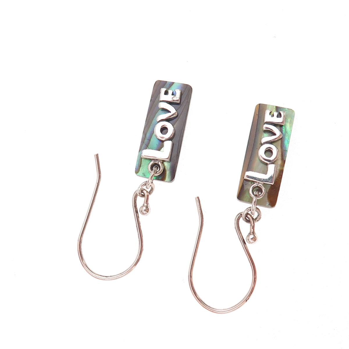 925 Sterling Silver Vintage Real Abalone Shell Love Dangle Earrings