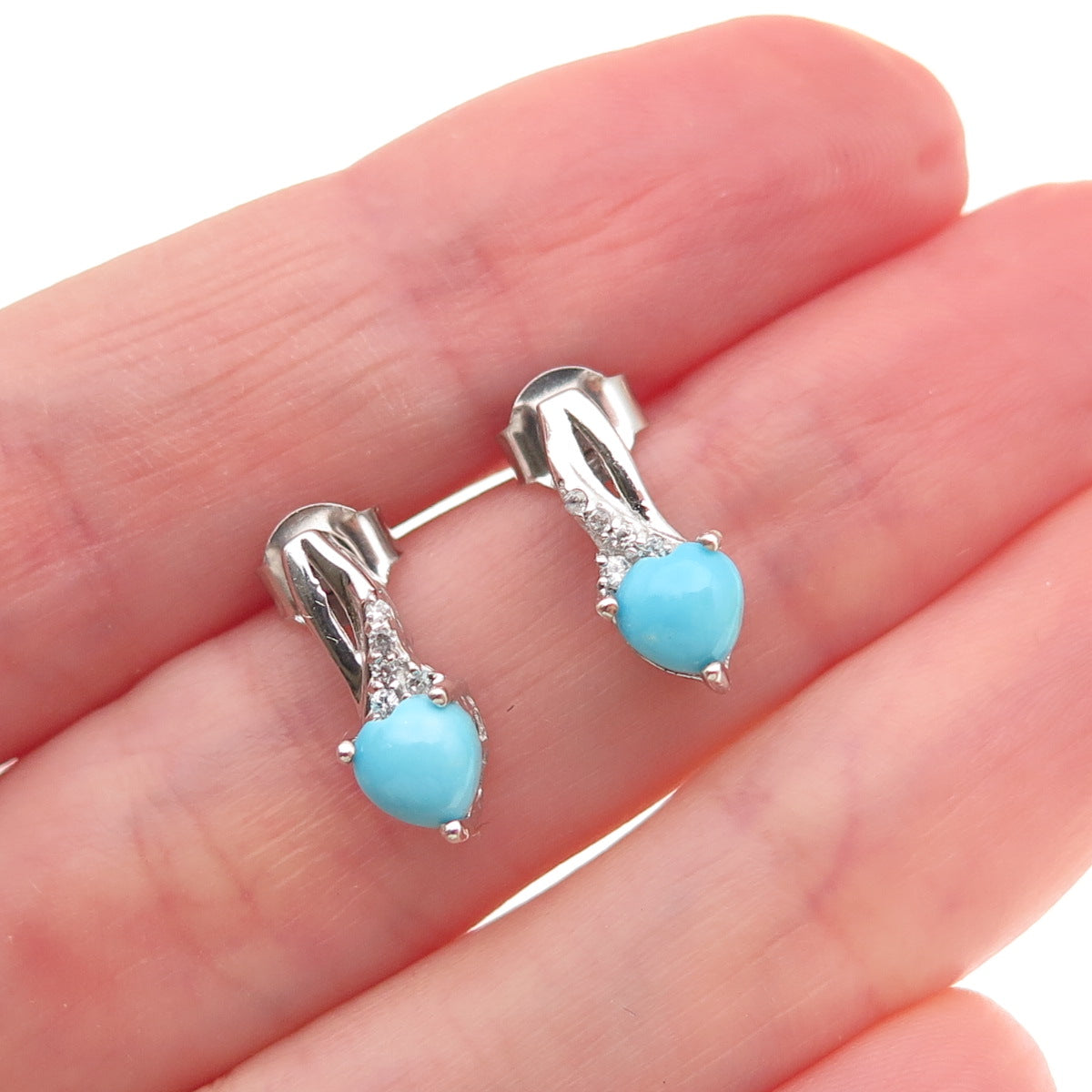 Chuck Clemency 925 Sterling Silver Real Turquoise & White Topaz Heart Earrings