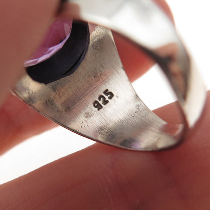 925 Sterling Silver Vintage Real Amethyst Modernist Oxidized Ring Size 7