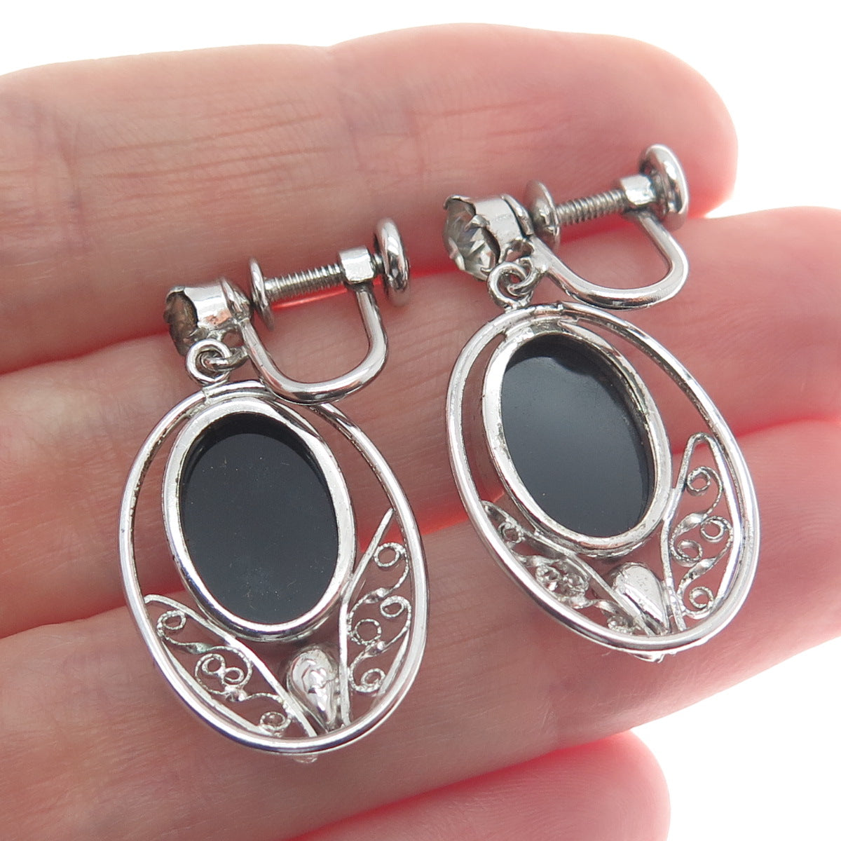 CARL ART 925 Sterling Silver Antique Rhinestone & Black Onyx Screw Back Earrings