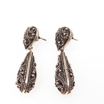 Lois Hill 925 Sterling Silver Vintage Granulated Scroll Teardrop Dangle Earrings