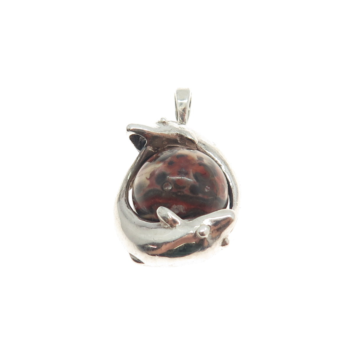 925 Sterling Silver Vintage Real Jasper Dolphins Bypass Ball Charm Pendant