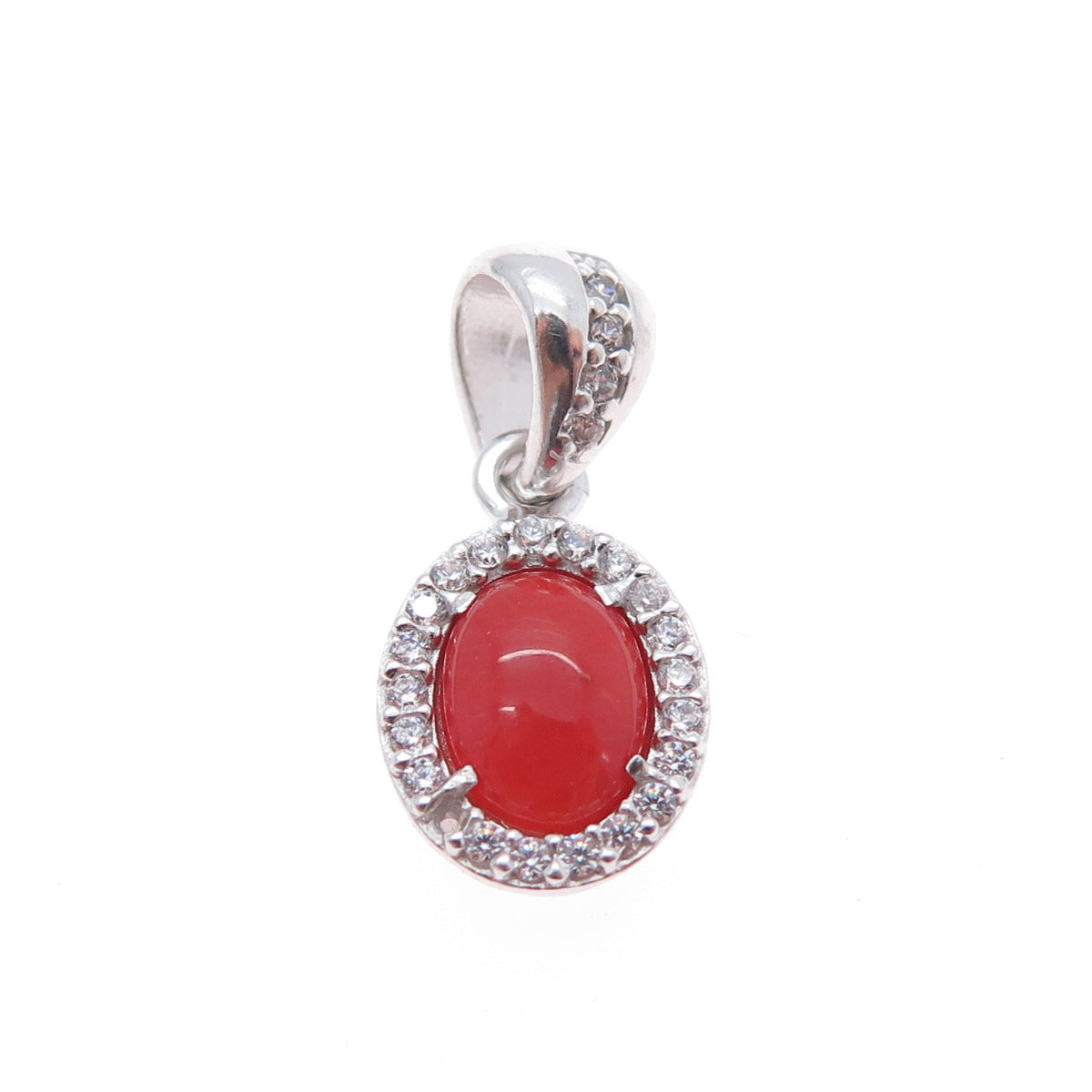 925 Sterling Silver Real Coral & C Z Minimalist Charm Pendant
