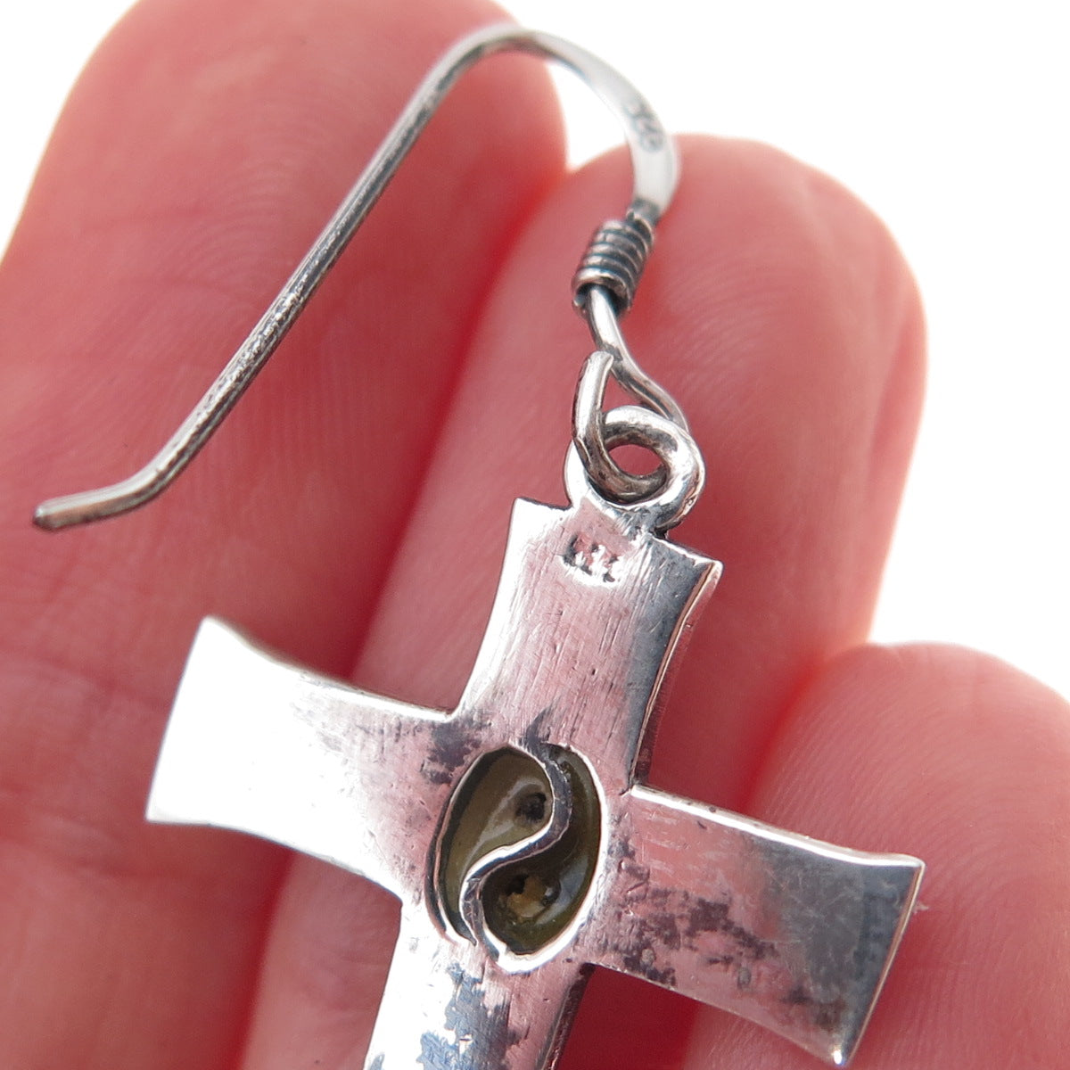925 Sterling Silver Vintage Real Black & White Diamond Yin Yang Cross Earrings
