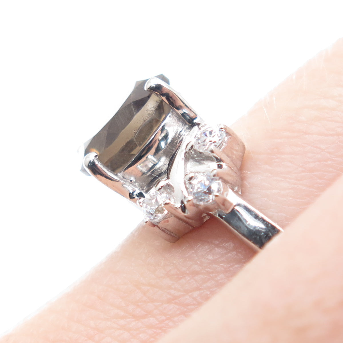 925 Sterling Silver Real Round-Cut Smoky Quartz & C Z Ring Size 7.25
