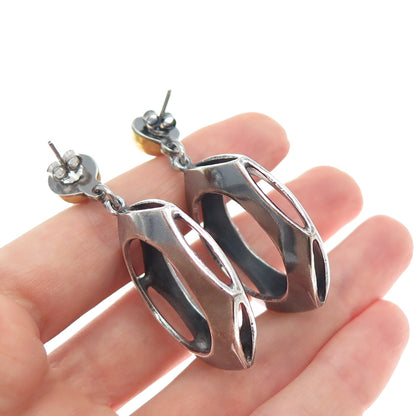 925 Sterling Silver 2-Tone Vintage Modernist Geometric Oxidized Dangle Earrings