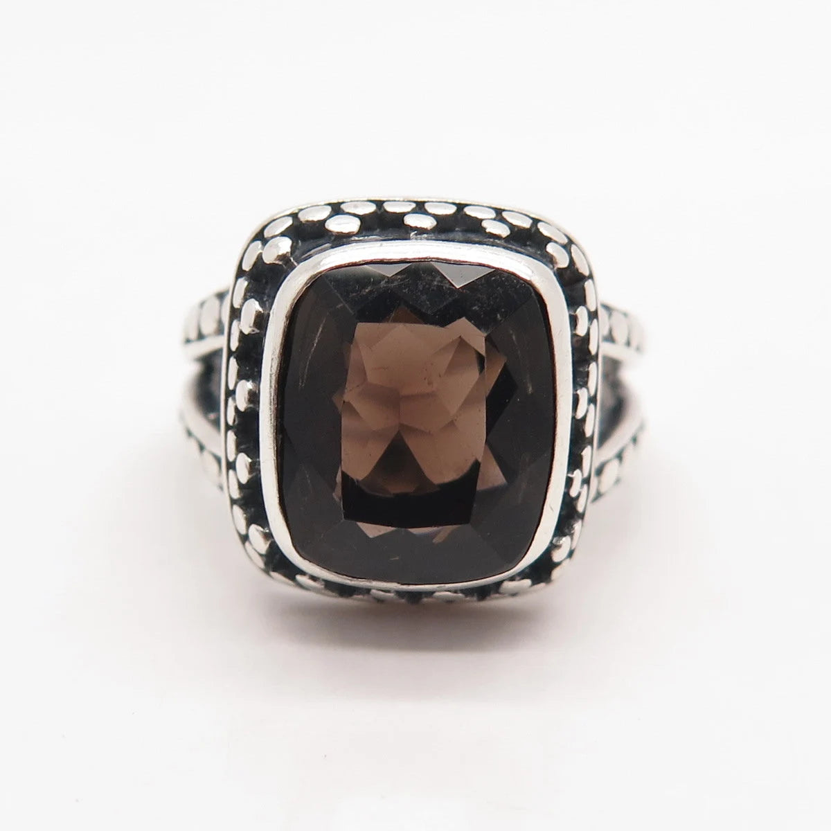 925 Sterling Silver Vintage Real Smoky Quartz Dots Ring Size 7.25