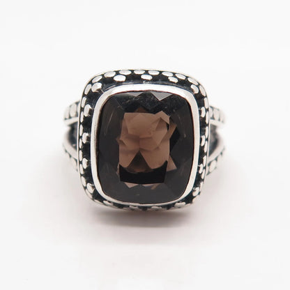 925 Sterling Silver Vintage Real Smoky Quartz Dots Ring Size 7.25