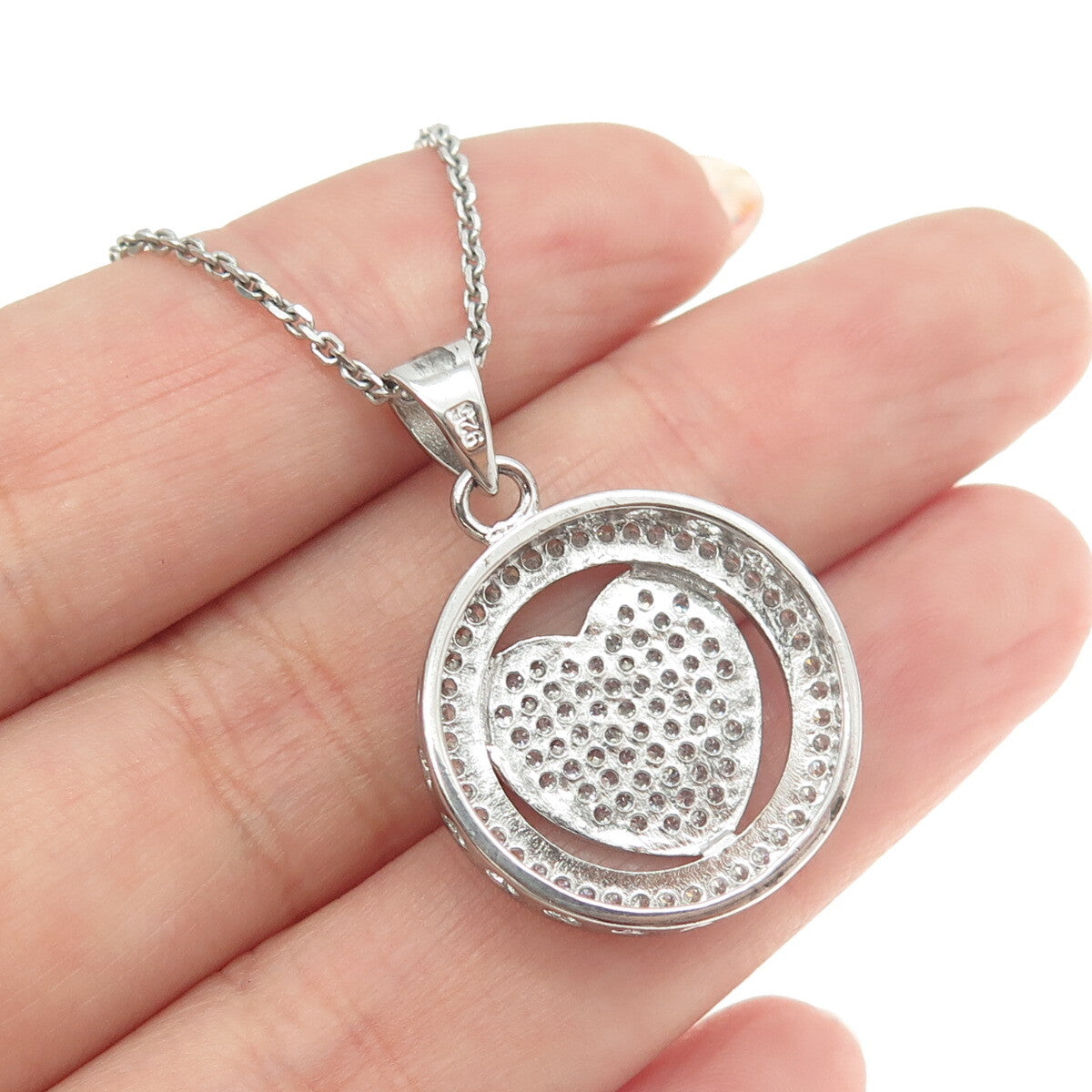 925 Sterling Silver Italy Round-Cut C Z Circle of Life Heart Chain Necklace 16"