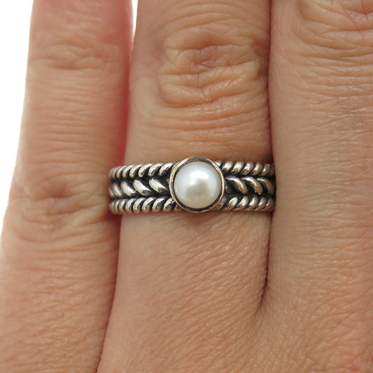 14K Yellow Gold & 925 Sterling Silver Vintage Real Pearl Cable Link Ring Size 7