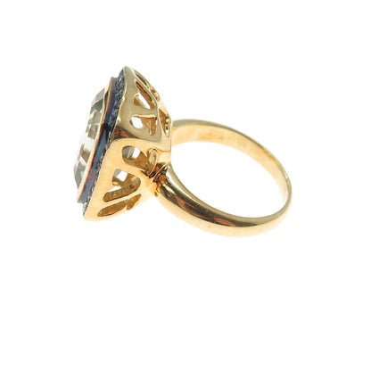 925 Sterling Silver Gold Plated Real Diamond & Green Amethyst Ring Size 4.75