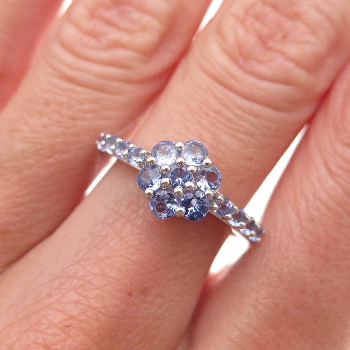 Chuck Clemency 925 Sterling Silver Real Round-Cut Tanzanite Floral Ring Size 7