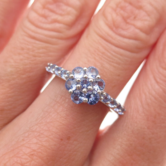 Chuck Clemency 925 Sterling Silver Real Round-Cut Tanzanite Floral Ring Size 7