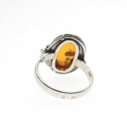 W. Kruk 925 Sterling Silver Vintage Poland Real Amber Modernist Ring Size 7